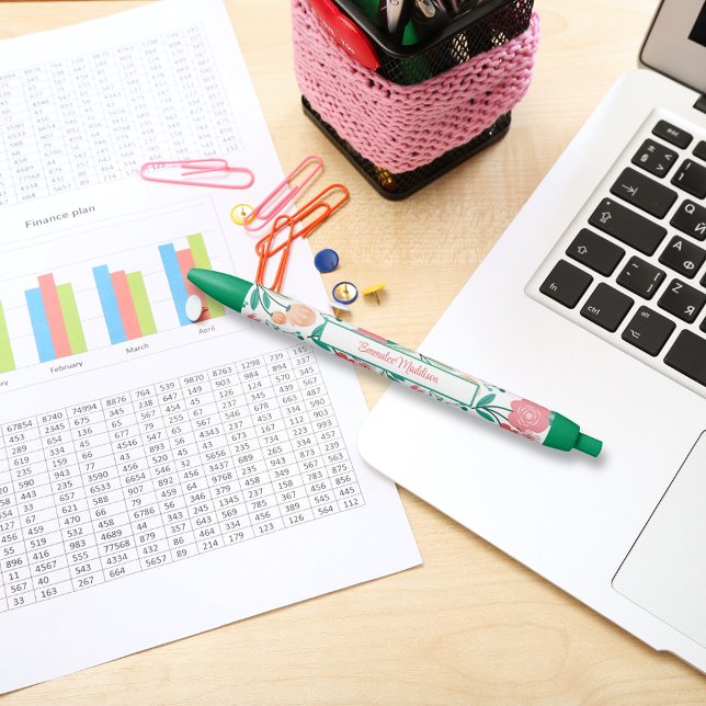 Green Pink Bohemian Floral Ditsy Monogrammed Pen (Creator Uploaded)