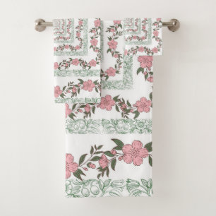 Green Pink Border Retro Y2K 70s Flower Pattern Bath Towel Set
