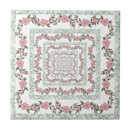 Green Pink Border Retro Y2K 70s Flower Pattern Ceramic Tile