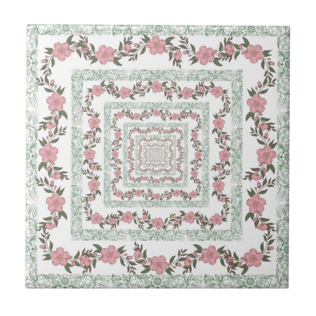 Green Pink Border Retro Y2K 70s Flower Pattern Ceramic Tile (Front)