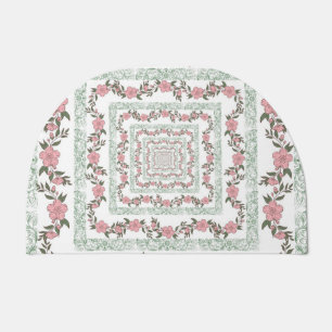 Green Pink Border Retro Y2K 70s Flower Pattern Doormat
