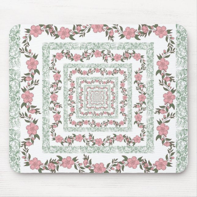 Green Pink Border Retro Y2K 70s Flower Pattern Mouse Pad (Front)