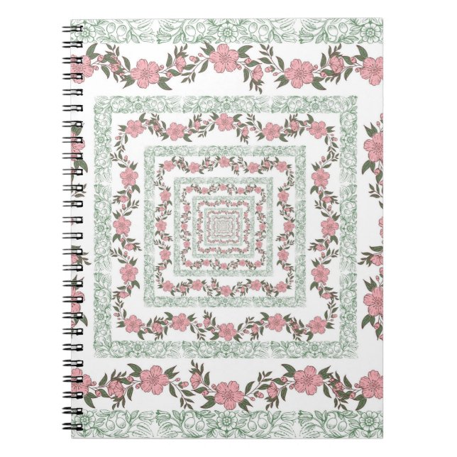 Green Pink Border Retro Y2K 70s Flower Pattern Notebook (Front)