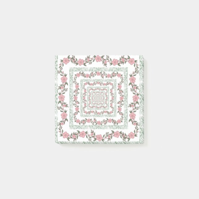 Green Pink Border Retro Y2K 70s Flower Pattern Post-it Notes (Front)