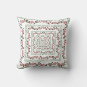 Green Pink Border Retro Y2K 70s Flower Pattern Throw Pillow