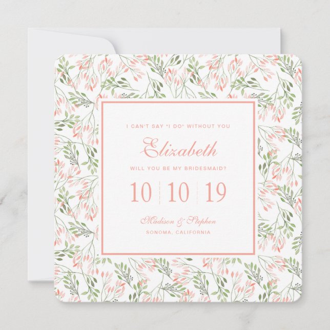 Green & Pink Botanical Watercolor - Bridesmaid Invitation (Front)