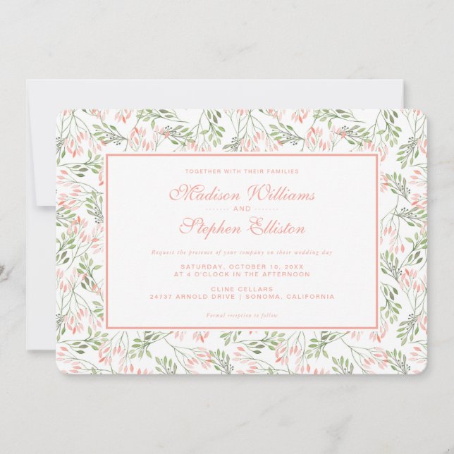 Green & Pink Botanical Watercolor - Wedding Invitation (Front)