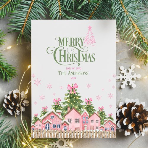 Green  Pink Bow Christmas Village  Holiday Card
