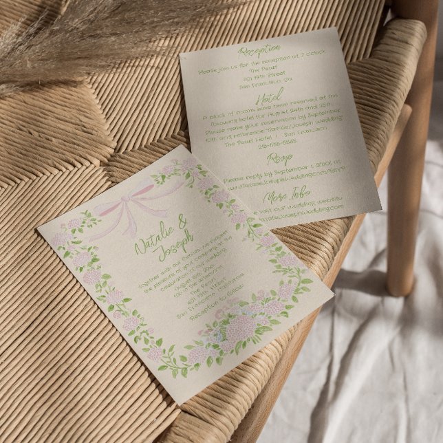 Green Pink Bow Floral Summer All In One Wedding Invitation (Creator Uploaded)