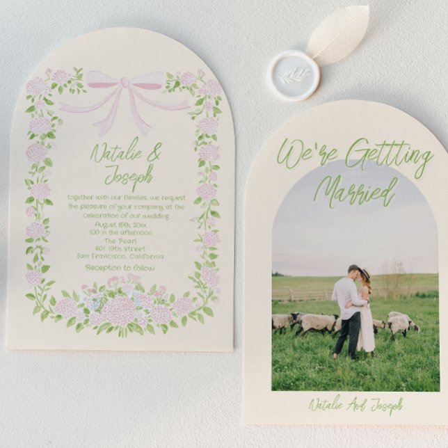 Green Pink Bow Floral Summer Arched Photo Wedding Invitation (Creator Uploaded)