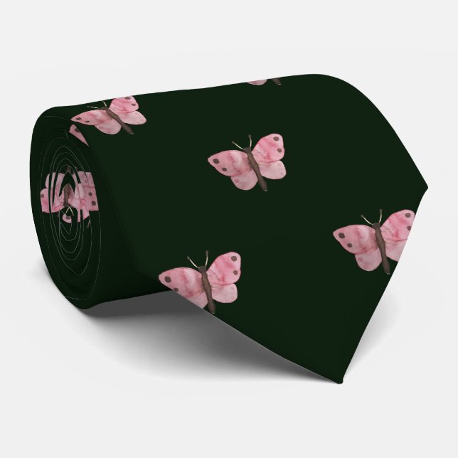 Green Pink Butterfly Wedding Professional Work Neck Tie (Rolled)