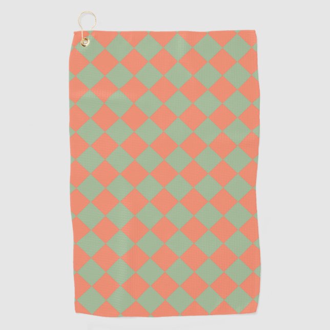 Green Pink Checker Diamond Pattern Golf Towel (Front)