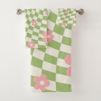 Green Pink Checkered Floral Bath Towel Set