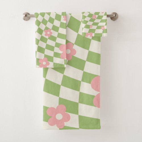 Green Pink Checkered Floral Bath Towel Set