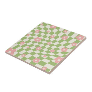 Green Pink Checkered Floral Ceramic Tile