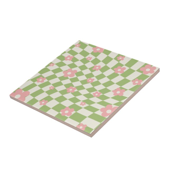 Green Pink Checkered Floral Ceramic Tile (Side)