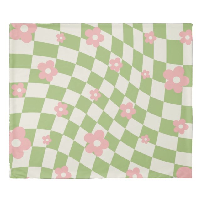 Green Pink Checkered Floral Duvet Cover (Front)