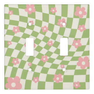 Green Pink Checkered Floral Light Switch Cover