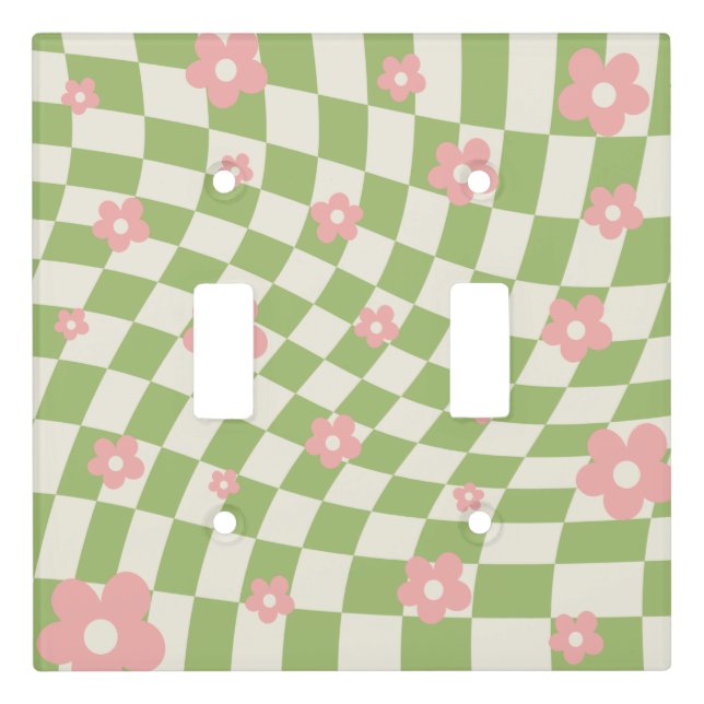 Green Pink Checkered Floral Light Switch Cover (Front)