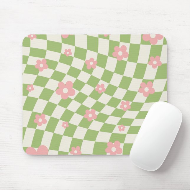 Green Pink Checkered Floral Mouse Pad (With Mouse)