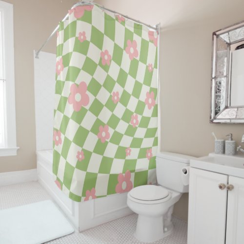 Green Pink Checkered Floral Shower Curtain