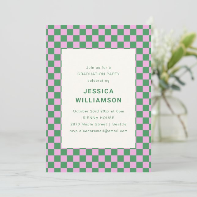 Green Pink Checkered Retro Graduation Party Invitation (Standing Front)