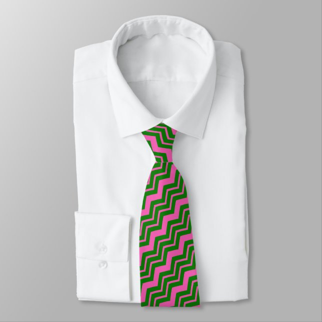 Green Pink Chevron Zigzag Design  Neck Tie (Tied)