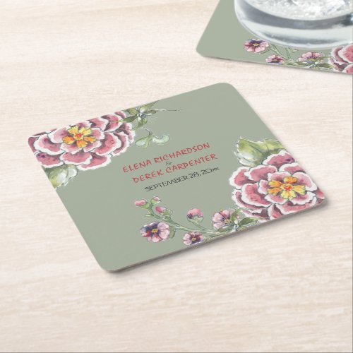 Green Pink Chinoiserie Floral Wedding Custom Square Paper Coaster