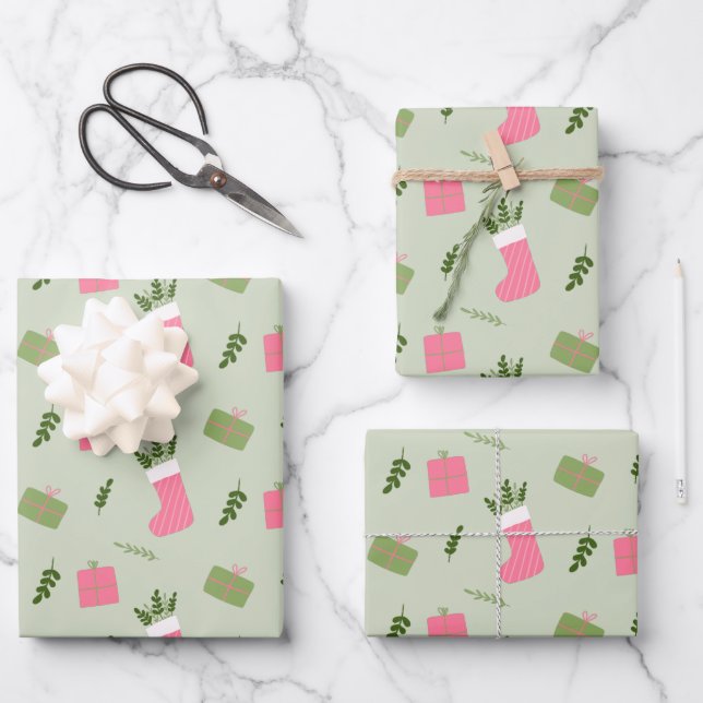 Green Pink Christmas Gift Stocking Pattern Wrapping Paper Sheets (Front)