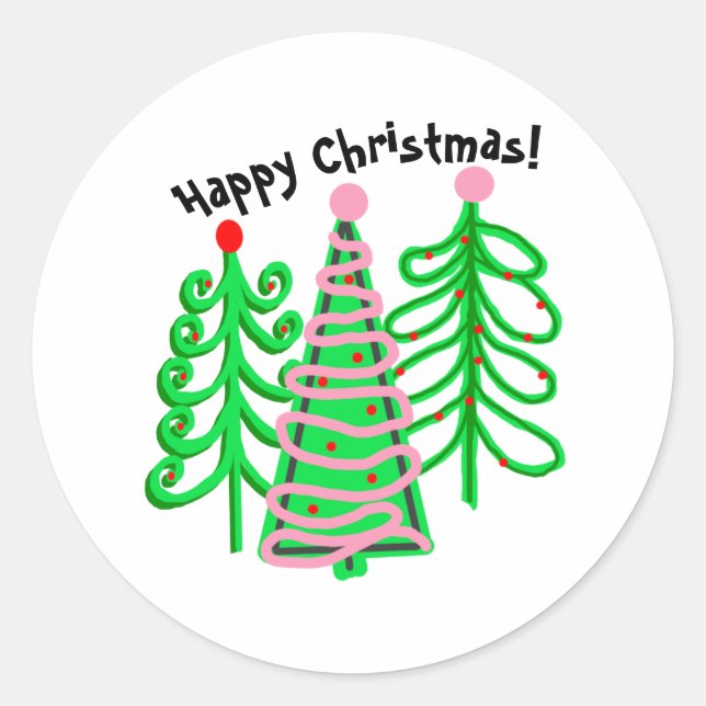 Green Pink Christmas Trees Classic Round Sticker (Front)