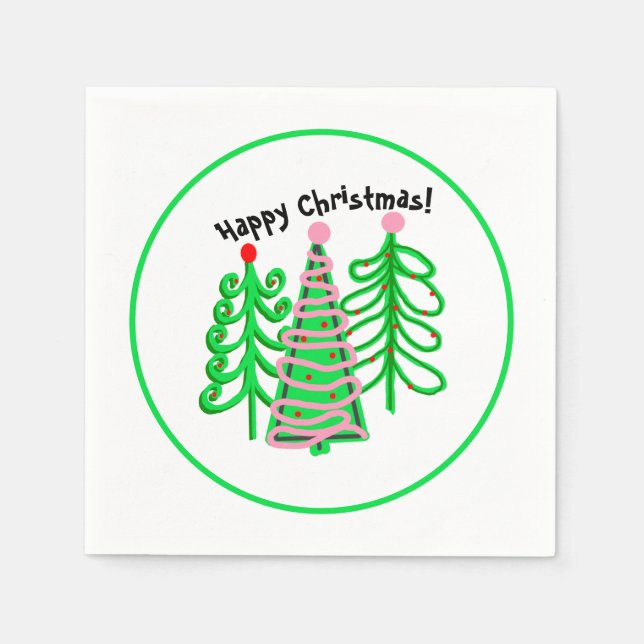 Green Pink Christmas Trees Napkins (Front)
