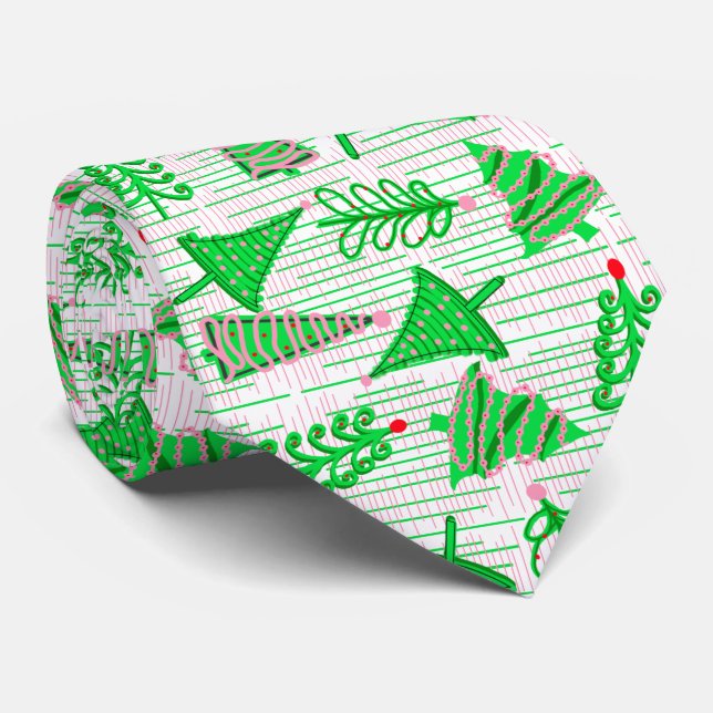 Green Pink Christmas Trees  Neck Tie (Rolled)