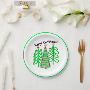 Green Pink Christmas Trees Paper Plates