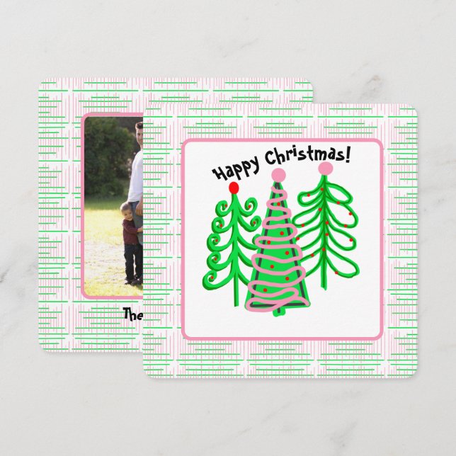 Green Pink Christmas Trees Photo Card (Front/Back)