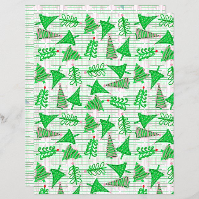 Green Pink Christmas Trees Scrapbook Paper (Front/Back)
