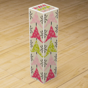 Green & pink Christmas trees with snowflakes Wine Box