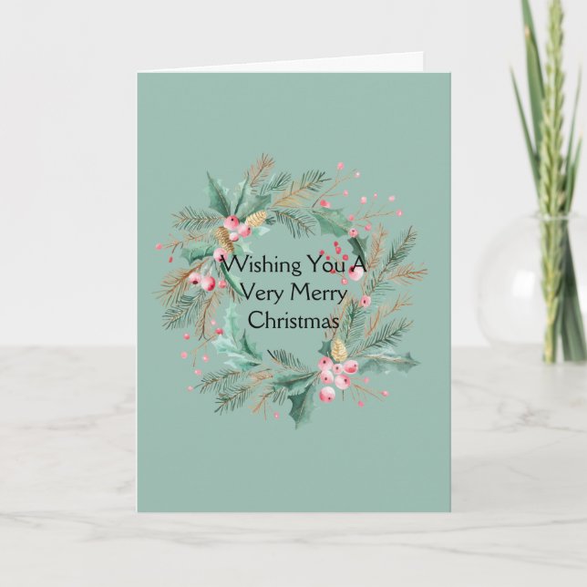 Green Pink Christmas Wreath Card (Front)