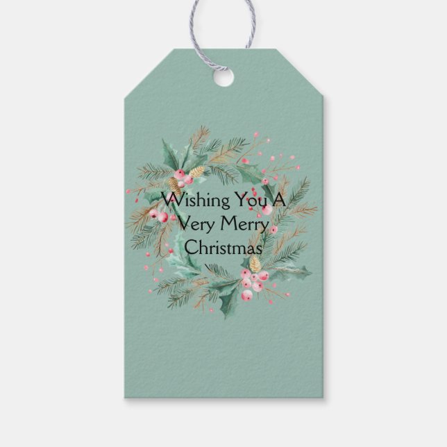 Green Pink Christmas Wreath Gift Tags (Front)