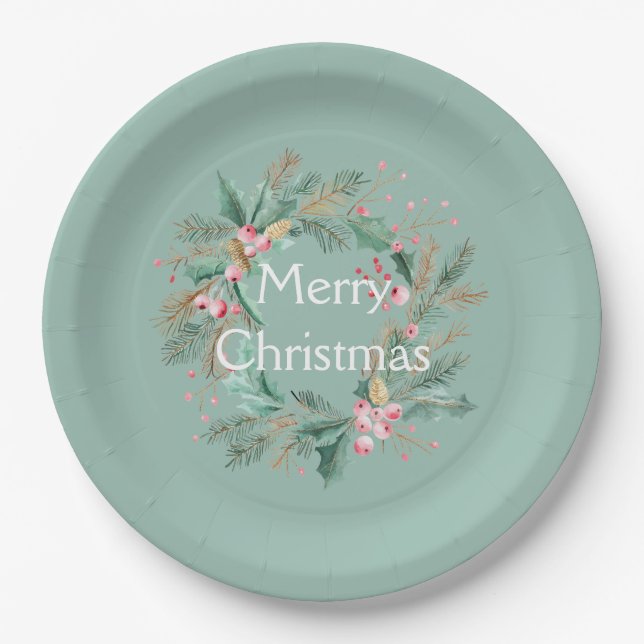 Green Pink Christmas Wreath Paper Plates (Front)
