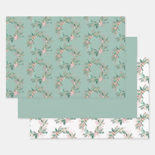 Green Pink Christmas Wreath Wrapping Paper Sheets (Set)