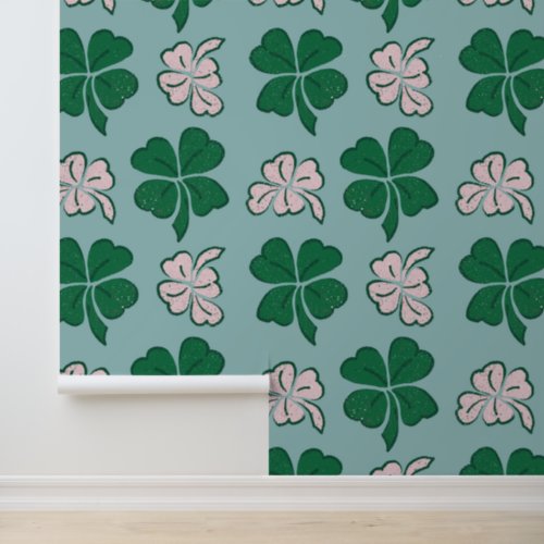 Green Pink Clover Shamrock Hand Drawn Pattern Wallpaper