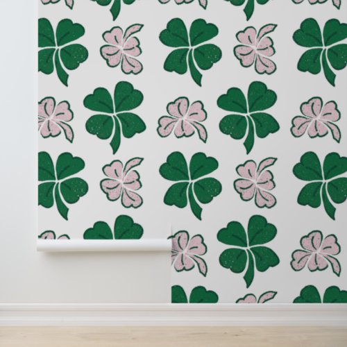 Green Pink Clover Shamrock Hand Drawn Pattern Wallpaper