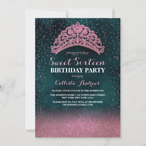 Green Pink Confetti Tiara Crown Glitter Sweet 16 Invitation
