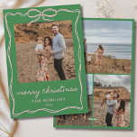 Green &amp; Pink Coquette Bow Christmas 4 Photo Family Holiday Card