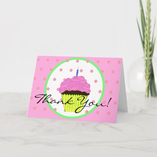 Green Pink Cupcake Polka Dots Birthday Thank You Card