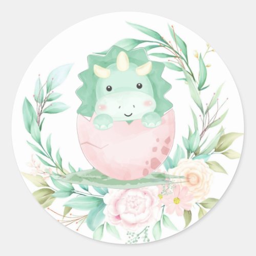 Green Pink Cute Dinosaur Baby Shower  Classic Round Sticker