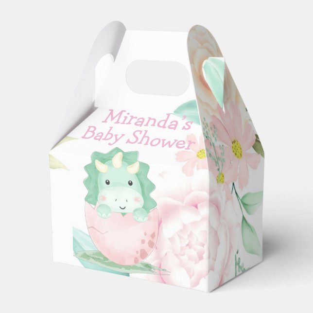 Green Pink Cute Dinosaur Peony Baby Shower  Favor Boxes (Front Side)