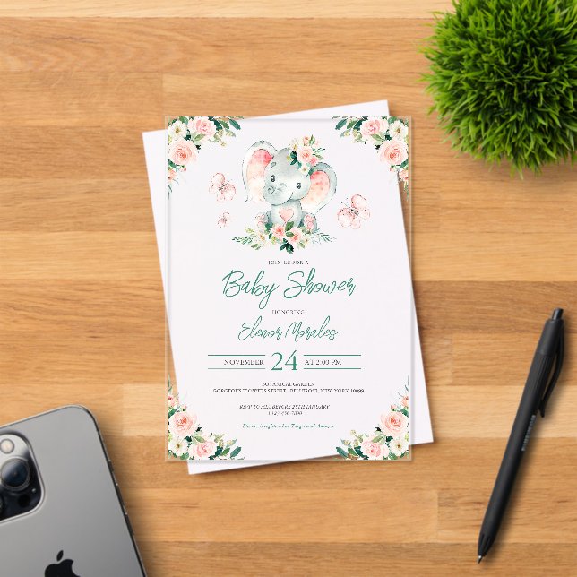 Green Pink Cute Floral Elephant Frame Baby Shower Acrylic Invitations (Insitu (Invitation Card))