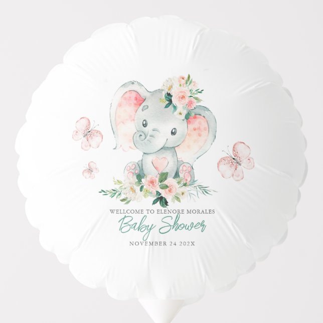 Green Pink Cute Floral Elephant Frame Baby Shower Balloon (Front)