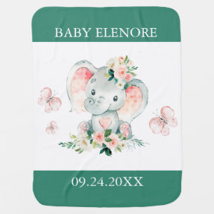 Green Pink Cute Floral Elephant Frame Baby Shower Blanket